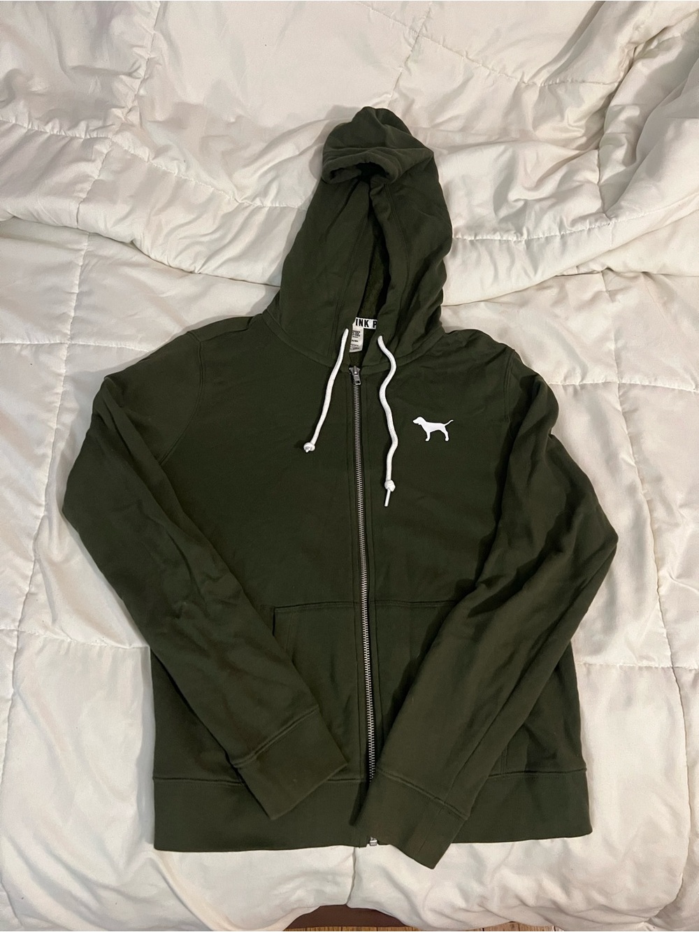 PINK Victoria's Secret Olive Green Zip Hoodie with White Dog Logo